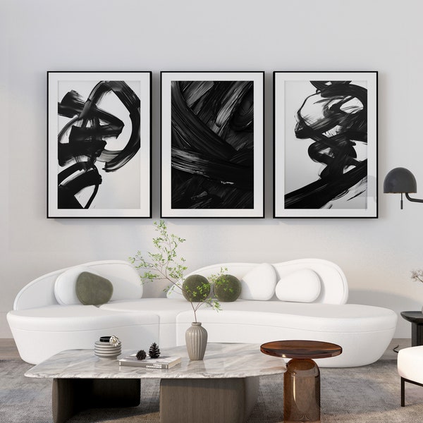 Monochrome Elegance Series - Abstract Black Brushstroke Art Collection, Contemporary Monochromatic Wall Decor Set, Modern Minimalist