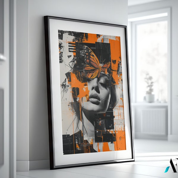 Urban Butterfly Effect - Contemporary Portrait with Abstract Elements, Orange Black Wall Art, Modern Urban Decor, Edgy Graphic Poster