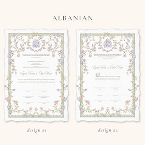 May include: Two wedding certificate designs. Each features a floral border with pink, purple, and green accents. The certificates have a torn edge and include text in Albanian. Design #1 and Design #2 are labeled.