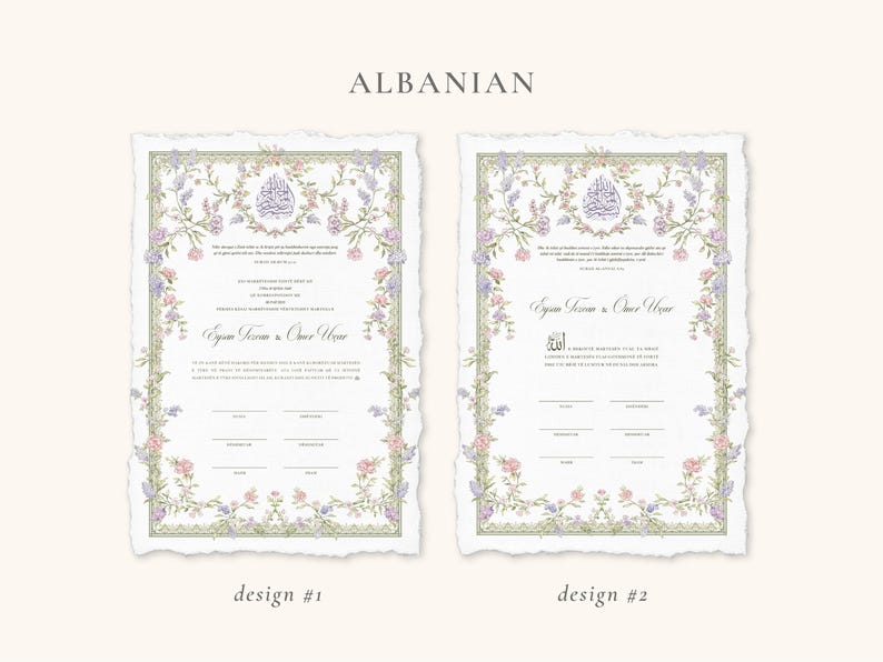 May include: Two wedding certificate designs. Each features a floral border with pink, purple, and green accents. The certificates have a torn edge and include text in Albanian. Design #1 and Design #2 are labeled.