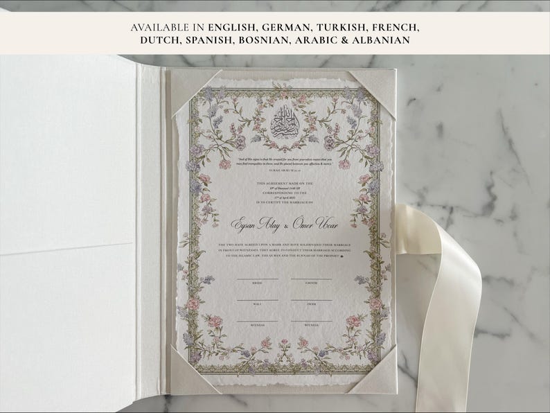 A4 Nikkah Certificate Pastel Floral | Dini Nikah Belgesi Akdi Hatıra | Islamic Marriage Contract Wedding Muslim Keepsake image 1