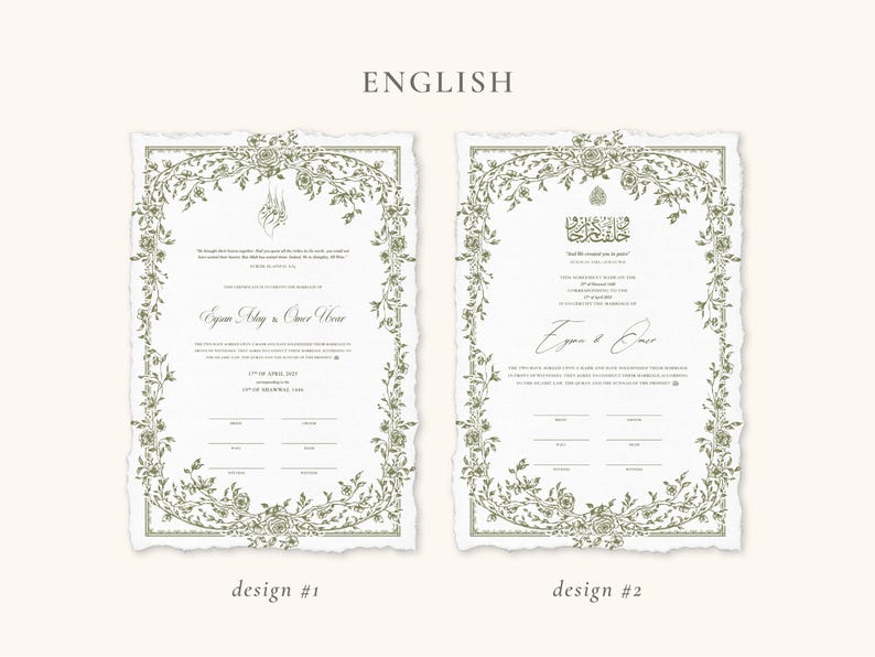 Floral Green Nikkah Certificate | Dini Nikah Belgesi Akdi Hatıra | Islamic Marriage Contract Wedding Muslim Keepsake image 8