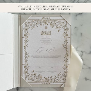 A4 Floral Gold Nikkah Certificate | Dini Nikah Belgesi | Islamic Marriage Certificate | English/German/Turkish/French/Dutch/Spanish/Albanian