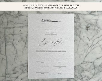 May include: A white textured paper with calligraphy text, including the names Egon & Omer. The top of the paper has Arabic script. The text "AVAILABLE IN ENGLISH, GERMAN, TURKISH, FRENCH, DUTCH, SPANISH, BOSNIAN, ARABIC & ALBANIAN" is at the top.