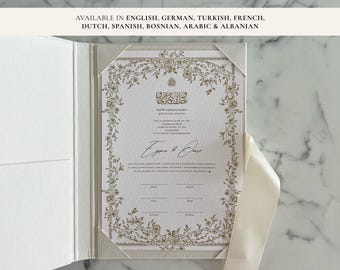 A4 Nikkah Certificate Floral Gold  | Dini Nikah Belgesi Akdi Hatıra | Islamic Marriage Contract Wedding Muslim Keepsake