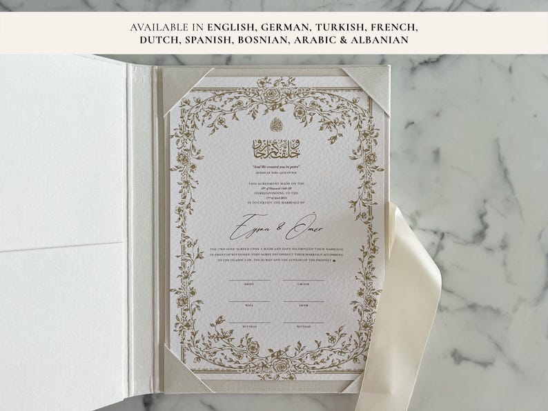 Certificato A4 Nikkah Floreale Oro / Dini Nikah Belgesi Akdi Hatıra / Contratto di matrimonio islamico Matrimonio Musulmano Ricordo immagine 1