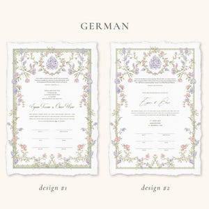 May include: Two wedding invitation designs with floral borders in soft pastel colors. The invitations feature ornate calligraphy and a decorative crest at the top. The paper has a torn edge, adding a vintage feel. The word "GERMAN" is at the top.