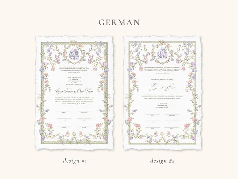 May include: Two wedding invitation designs with floral borders in soft pastel colors. The invitations feature ornate calligraphy and a decorative crest at the top. The paper has a torn edge, adding a vintage feel. The word "GERMAN" is at the top.