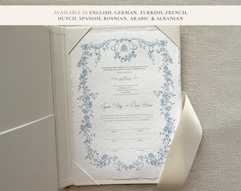 A4 Certificado Nikkah Azul Barroco / Dini Nikah Belgesi Akdi Hatıra / Contrato de Matrimonio Islámico Boda Recuerdo Musulmán