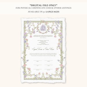 Puede incluir: Un certificado digital con un borde floral en colores pastel. El documento tiene un diseño de borde rasgado e incluye texto en varios idiomas. La parte superior del certificado tiene texto en una fuente de escritura.