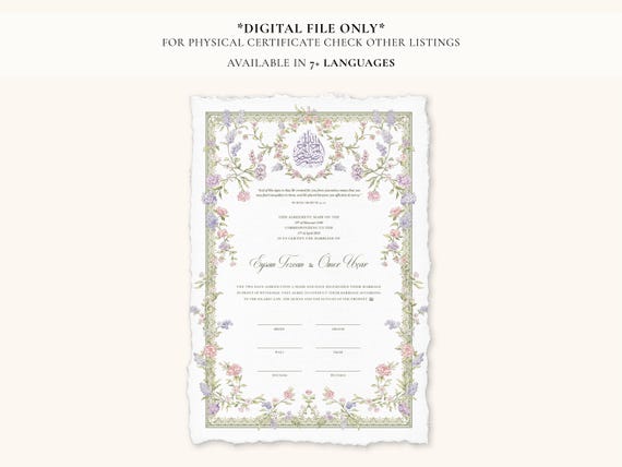 DIGITAL FILE | Pastel Floral Nikkah Certificate | Dini Nikah Belgesi | Islamic Marriage Contract