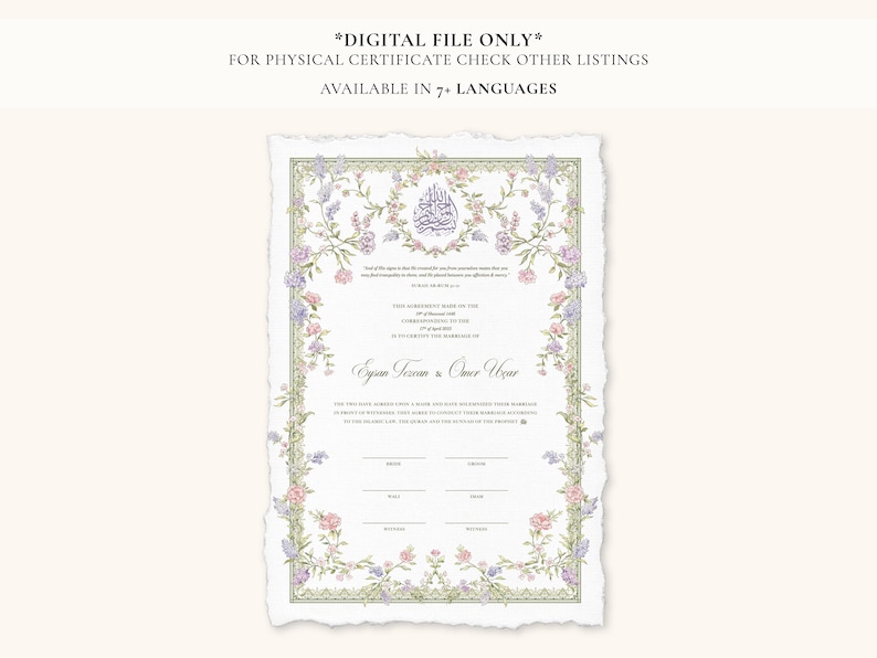 May include: A digital certificate with a floral border in pastel colors. The document has a torn edge design and includes text in multiple languages. The top of the certificate has text in a script font.