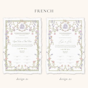 May include: Two wedding invitation designs on textured paper. Each features floral borders in pastel colors, with text in elegant script and a central emblem. The designs are labeled "design #1" and "design #2".