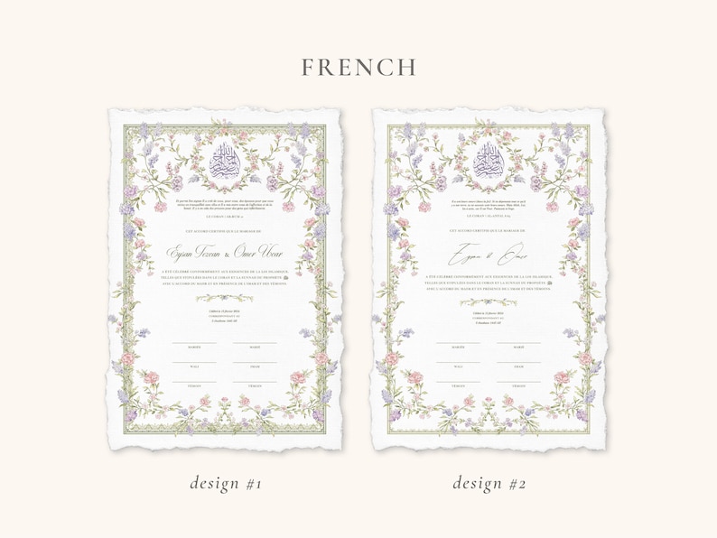 May include: Two wedding invitation designs on textured paper. Each features floral borders in pastel colors, with text in elegant script and a central emblem. The designs are labeled "design #1" and "design #2".