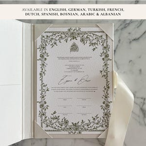 Certificat Nikkah vert floral | Dini Nikah Belgesi Akdi Hatıra | Contrat de mariage islamique Mariage Souvenir musulman