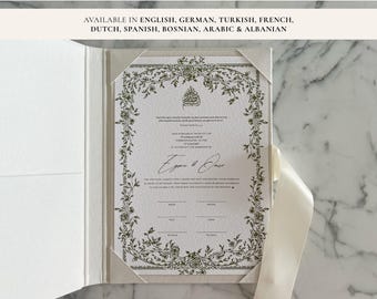 A4 Nikkah Certificate Floral Green | Dini Nikah Belgesi Akdi Hatıra | Islamic Marriage Contract Wedding Muslim Keepsake
