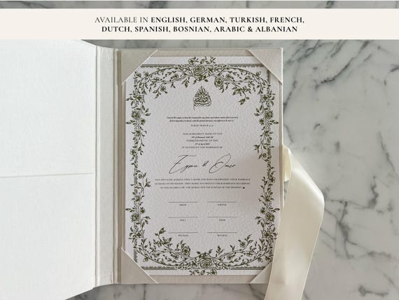 Floral Green Nikkah Certificate | Dini Nikah Belgesi Akdi Hatıra | Islamic Marriage Contract Wedding Muslim Keepsake