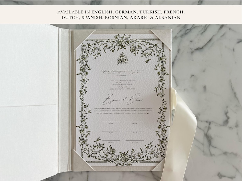 Floral Green Nikkah Certificate | Dini Nikah Belgesi Akdi Hatıra | Islamic Marriage Contract Wedding Muslim Keepsake image 1
