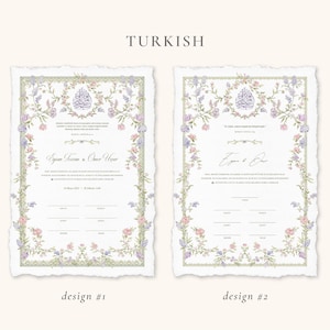 May include: Two wedding invitation designs with floral borders in soft pink, purple, and green. The invitations have a torn paper edge and include text in Turkish. Design #1 and Design #2 are labeled at the bottom.