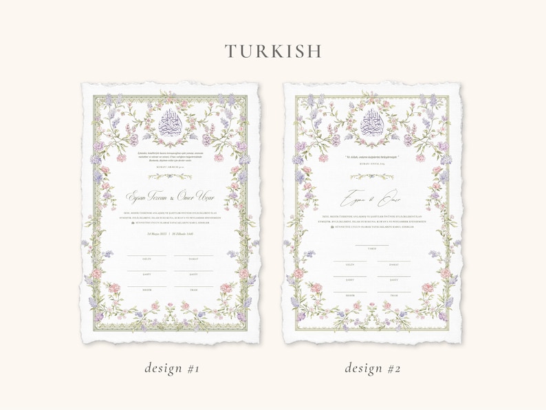 May include: Two wedding invitation designs with floral borders in soft pink, purple, and green. The invitations have a torn paper edge and include text in Turkish. Design #1 and Design #2 are labeled at the bottom.