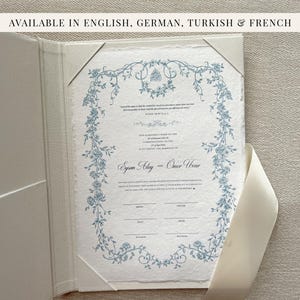Barock Blau Nikkah-Zertifikat | Dini Nikah Belgesi | Islamische Heiratsurkunde | Islamische Ehekunde | Englisch/Deutsch/Türkisch/Französisch
