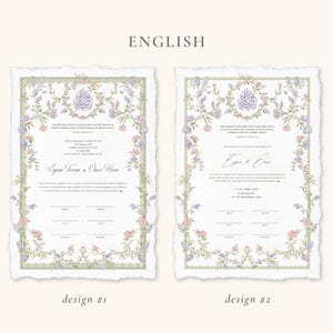 May include: Two wedding certificate designs with floral borders in soft pastel colors. Each certificate has a decorative floral wreath at the top and text in the center. The paper has a torn edge.