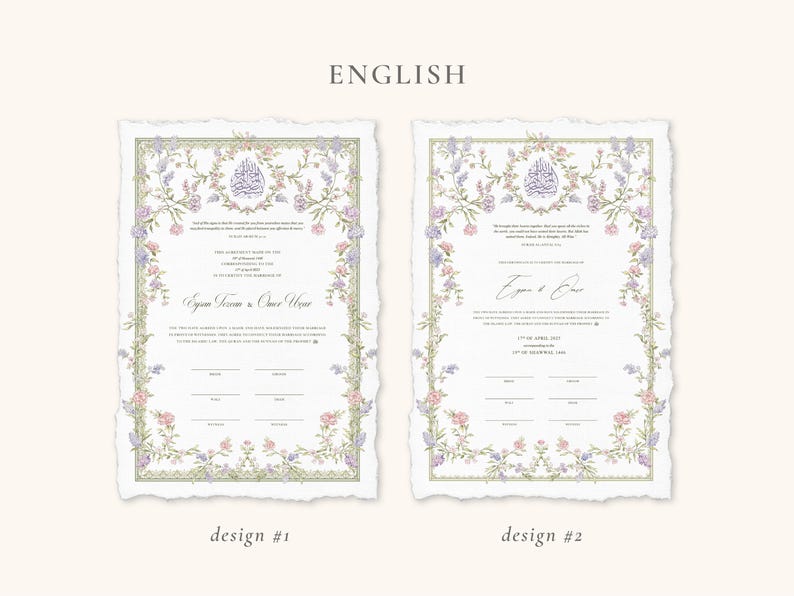May include: Two wedding certificate designs with floral borders in soft pastel colors. Each certificate has a decorative floral wreath at the top and text in the center. The paper has a torn edge.