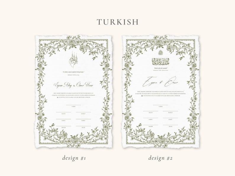 Floral Green Nikkah Certificate | Dini Nikah Belgesi Akdi Hatıra | Islamic Marriage Contract Wedding Muslim Keepsake image 11