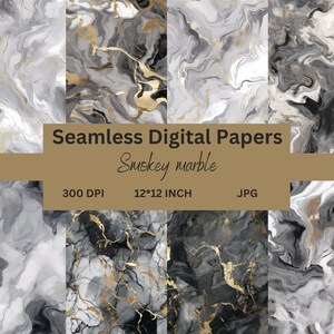 Könnte beinhalten: Satz von vier nahtlosen digitalen Papieren mit einem rauchigen Marmormuster mit schwarzen, weißen und goldenen Wirbeln. Die Papiere sind 30,48 x 30,48 cm groß und haben 300 DPI.