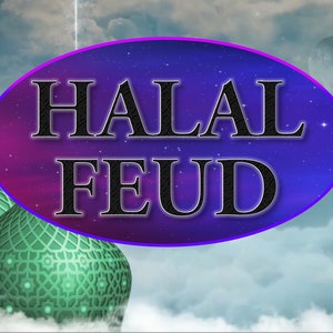 Puede incluir: Una ilustración digital con un óvalo morado y azul con el texto "HALAL FEUD" en negro. El óvalo está delante de una mezquita verde con dos cúpulas y un cielo nublado con estrellas y una luna creciente.