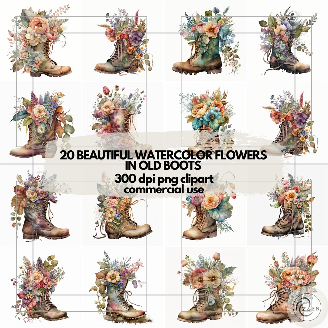Watercolor Flowers in Boots Clipart PNG Format Instant - Etsy