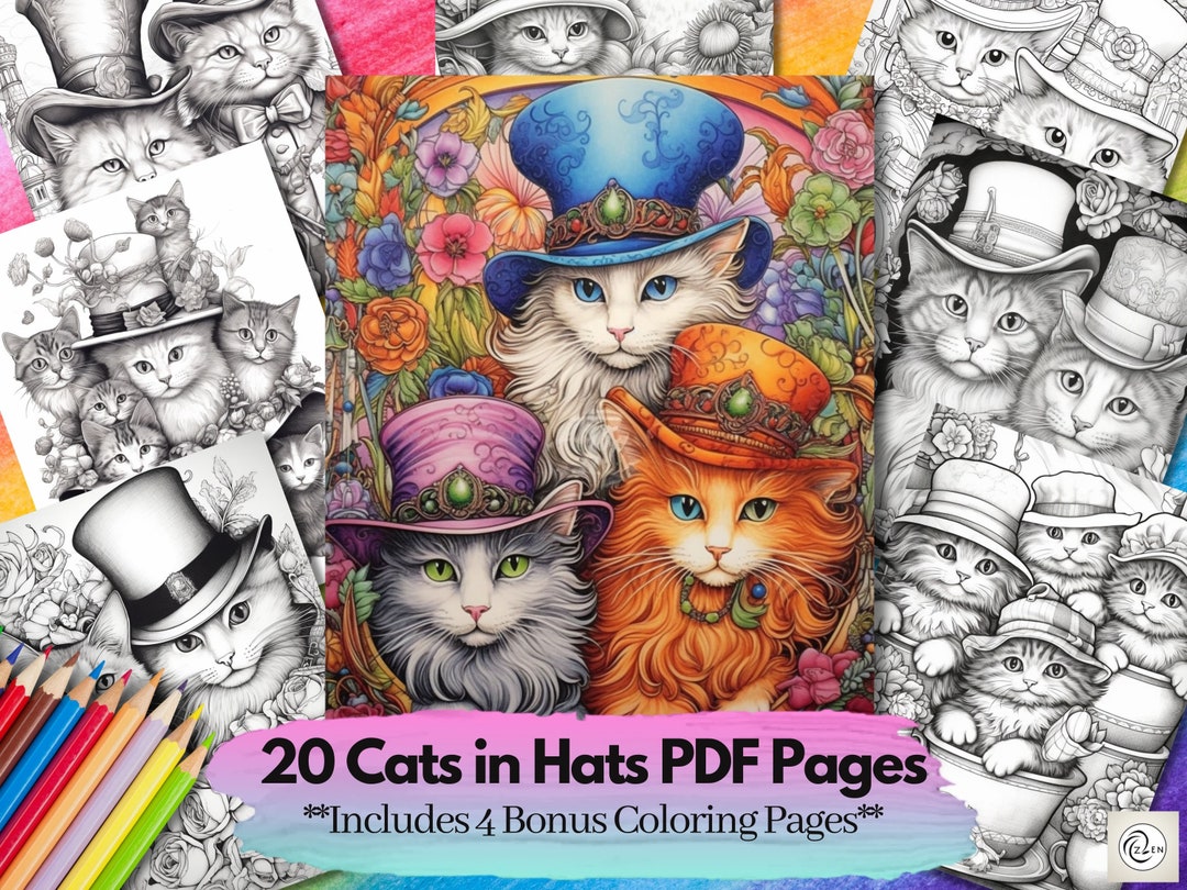 Cats Hats Coloring Pages Detailed Pattern Kitten Feline Etsy