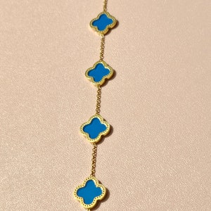 18K Gold Plated Bracelet, Four Leaf Clover Bracelet, Lucky Clover Bracelet, Clover Bracelet, Irish Bracelet Blue