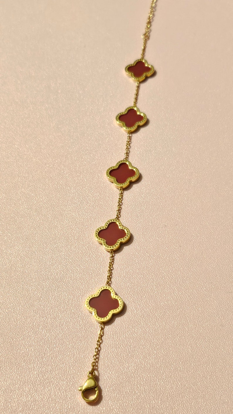 18K Gold Plated Bracelet, Four Leaf Clover Bracelet, Lucky Clover Bracelet, Clover Bracelet, Irish Bracelet Red