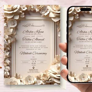 Modelo de convite de casamento muçulmano digital bege 3D branco editável: convite digital islâmico Nikkah com rosas brancas, personalizável A5