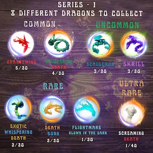 May include: An image showcasing eight different dragon designs from Series 1, each encased in a glowing orb. The dragons are categorized as Common, Uncommon, Rare, and Ultra Rare, with names like Changewing, Whispering Death, and Screaming Death.