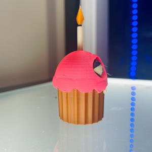 May include: A 3D printed cupcake figurine featuring a brown fluted base and a bright pink frosting top. A single candle with a yellow flame sits centred on the frosting. A small black and white circular eye detail is visible on the side of the pink frosting.