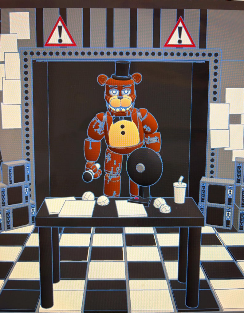 May include: A digital 3D model of a brown bear animatronic character with a black top hat, bowtie, and yellow chest patch. The character stands behind a black desk with papers, a fan, and a cup. The background features a black and white chequered floor, two warning signs with exclamation marks, and stacks of electronic equipment.