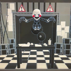 May include: A stylised illustration of a room with a black and white chequered floor, a central table, and a puppet character with a white mask and red cheeks hovering above. The scene includes stacks of monitors, warning signs, and paper sheets.