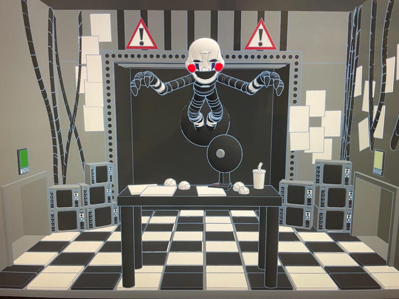 May include: A stylised illustration of a room with a black and white chequered floor, a central table, and a puppet character with a white mask and red cheeks hovering above. The scene includes stacks of monitors, warning signs, and paper sheets.