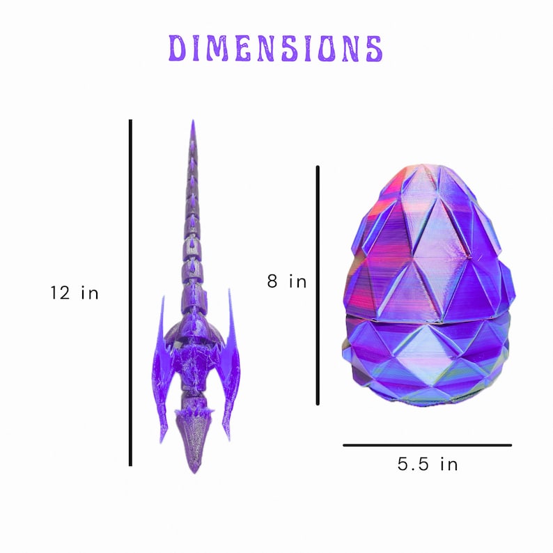 May include: A purple, 3D-printed fantasy sword, 12 inches long, and a geometric egg-shaped container, 8 inches tall and 5.5 inches wide. The word "DIMENSIONS" is printed above the objects. The objects have a textured surface.