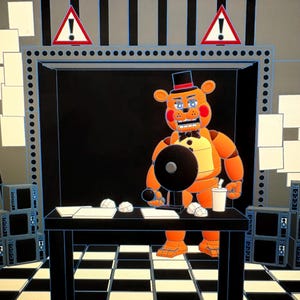 May include: An orange animatronic bear character with a black top hat, red bowtie, and red cheeks stands behind a black desk. The desk holds a microphone, a fan, and a white cup. The background features a black and white checkered floor.