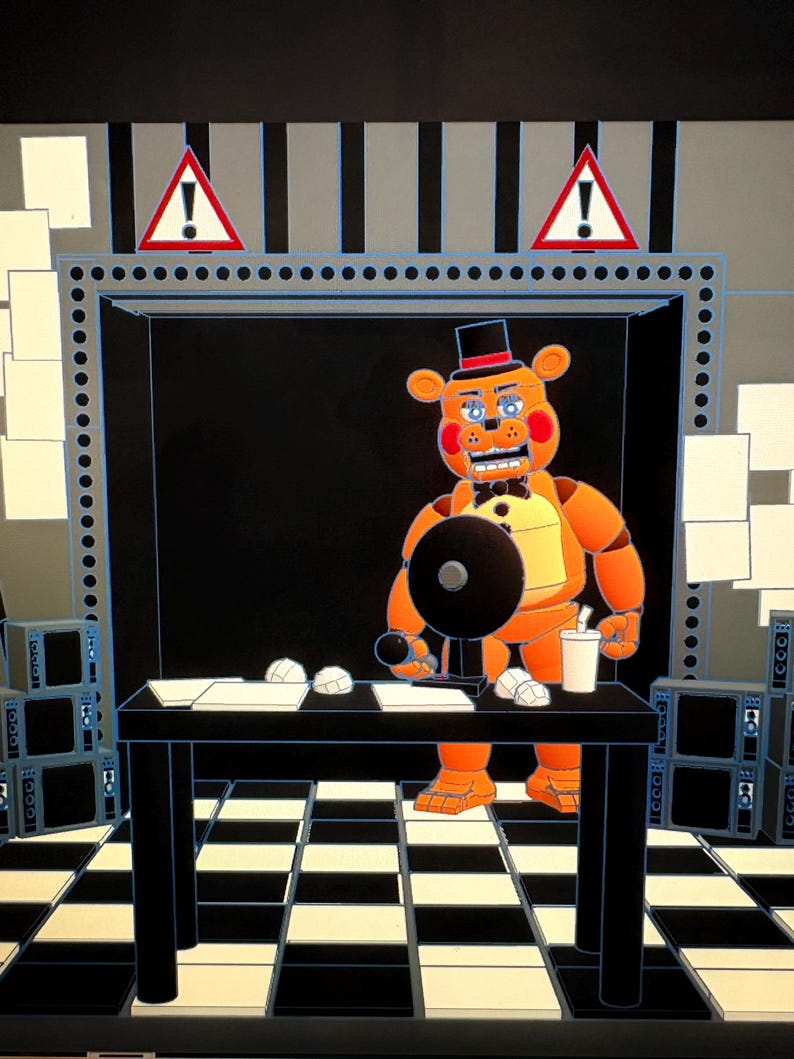 May include: An orange animatronic bear character with a black top hat, red bowtie, and red cheeks stands behind a black desk. The desk holds a microphone, a fan, and a white cup. The background features a black and white checkered floor.
