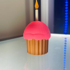 May include: A 3D printed cupcake figure featuring a tan fluted base and a bright pink rounded top. A white candle with a translucent orange flame sits upright in the centre of the pink frosting, creating a decorative object with a smooth finish.