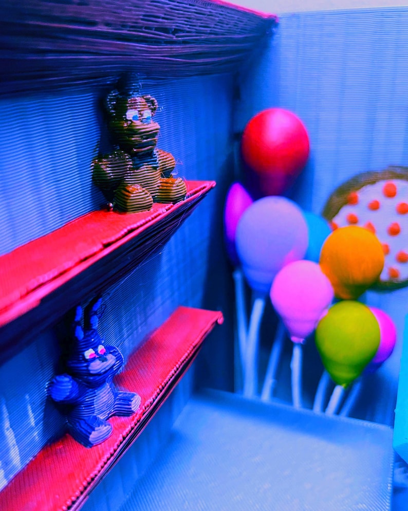 Puede incluir: Un diorama con una figura de oso marr&oacute;n y un conejito azul sobre estantes rojos. La escena incluye globos coloridos y un accesorio de pizza contra un fondo azul, creando una atm&oacute;sfera l&uacute;dica y caprichosa.