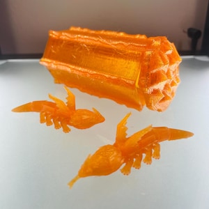 May include: Orange 3D-printed objects. The image shows a rectangular prism and two small, insect-like figures with wings. The objects are translucent and appear to be made of plastic. The background is a light, neutral color.