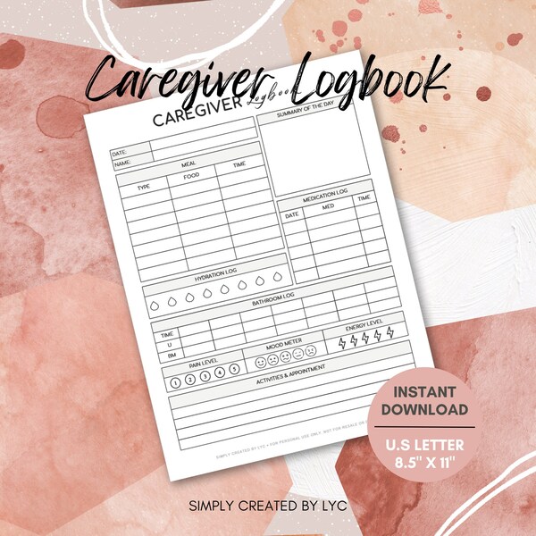 Caregiver Logbook, Caregiver Log, Logbook, Daily Record Tracker, Care Planner, Care Tracker, Health Tracker