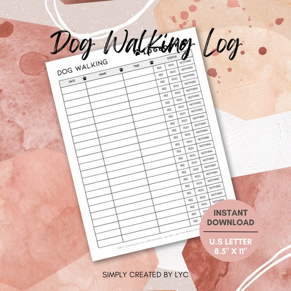 Dog Walking Log, Logbook, Pet Exercise Tracker, Pet Diary, Dog Walking Tracker, Dog Exercise Tracker, Pet Log, Pet Tracker