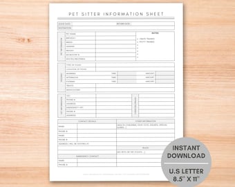 Pet Sitter Information Sheet, Pet Sitting, Pet Care Guide, Animal Care Instructions, House Sitting