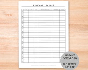 May include: A white printable migraine tracker with black lines and text. The document includes sections for date, time of day, triggers, and treatment. It is U.S. Letter size, 8.5" x 11", and available for instant download.